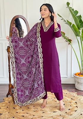 Maroon Embroidered Viscose Kurta Set