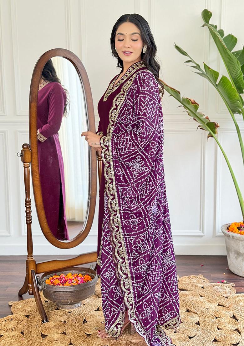 Maroon Embroidered Viscose Kurta Set