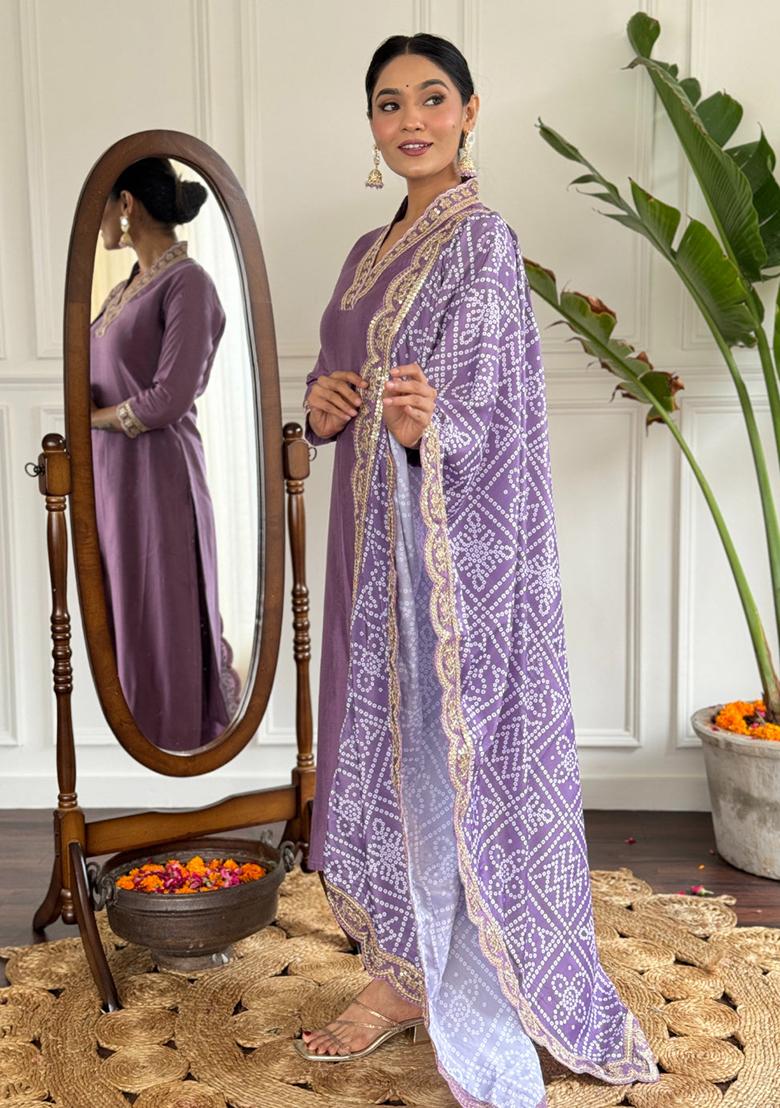 Purple Embroidered Viscose Kurta Set