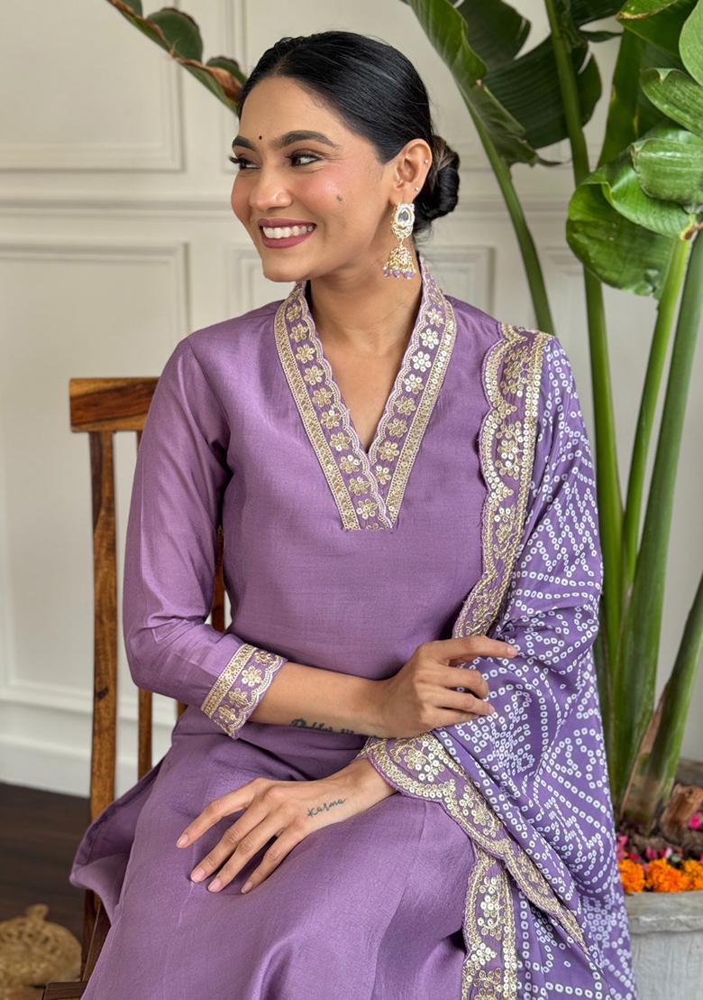 Purple Embroidered Viscose Kurta Set