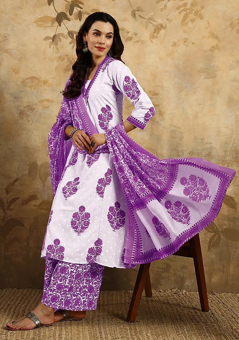 Purple Printed Cotton Kurta Set