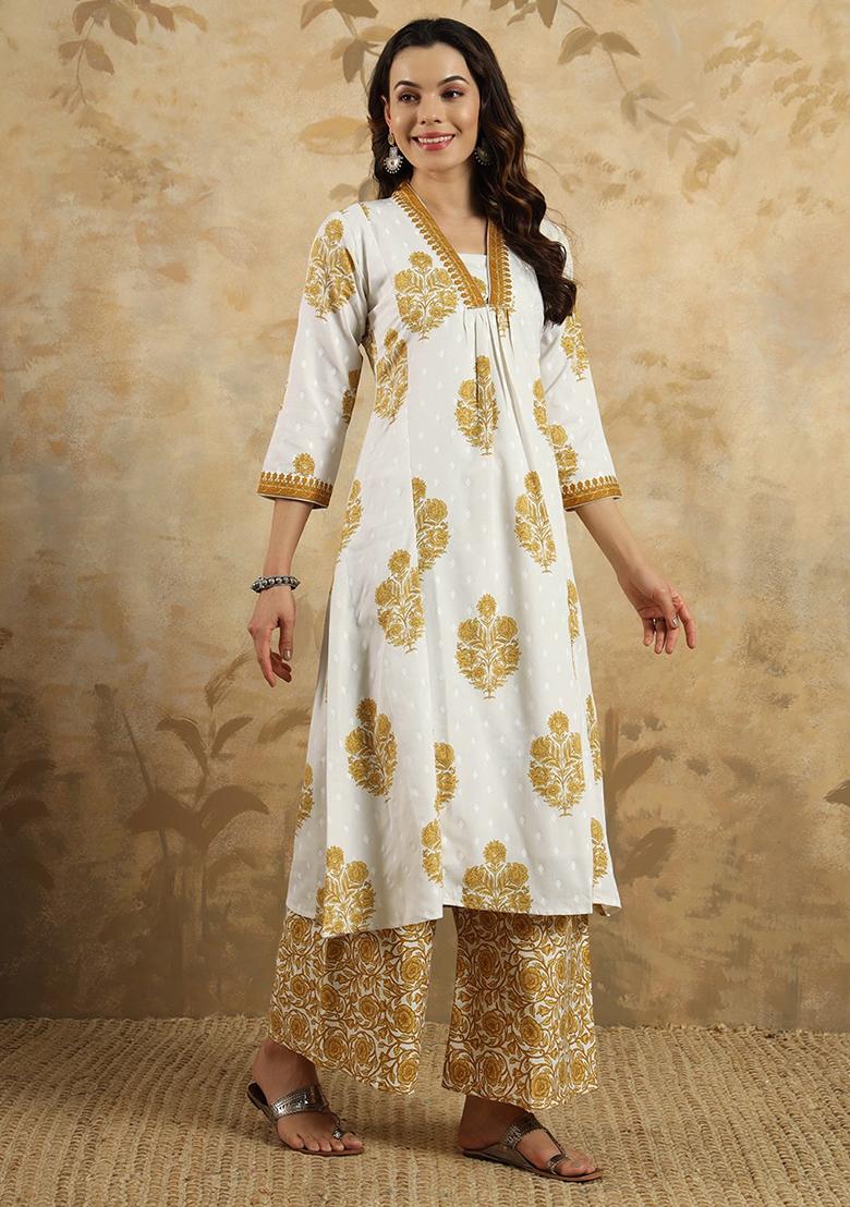 Mustard Printed Cotton Kurta Set