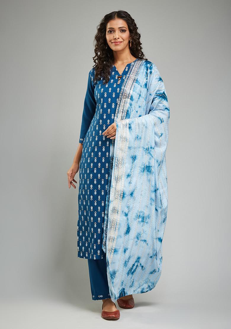 Blue Printed Rayon Kurta Set