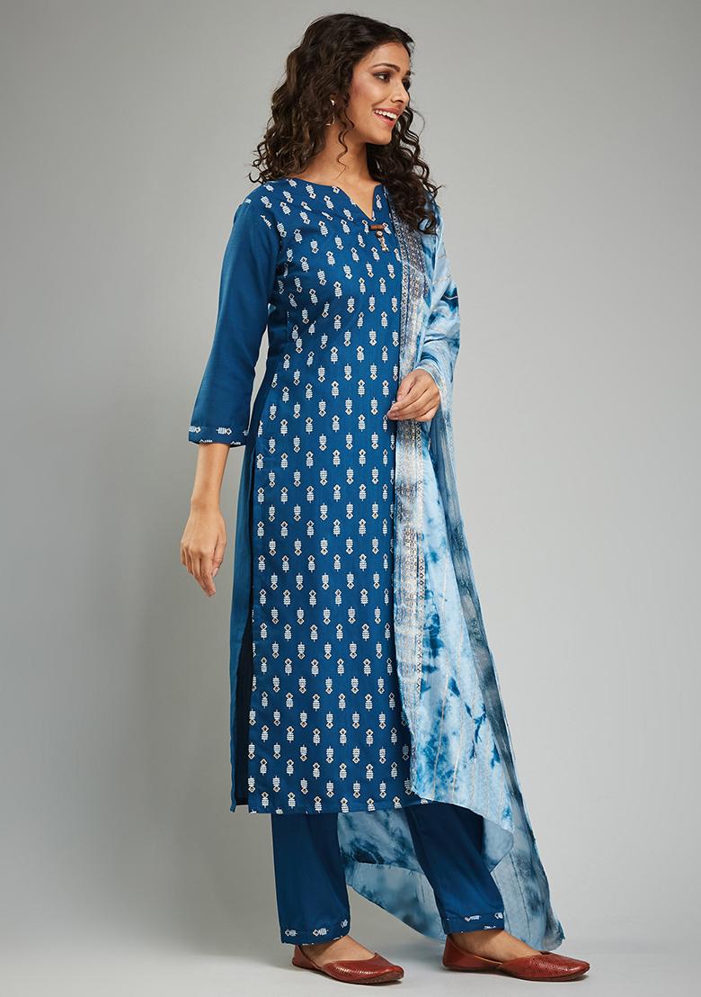Blue Printed Rayon Kurta Set