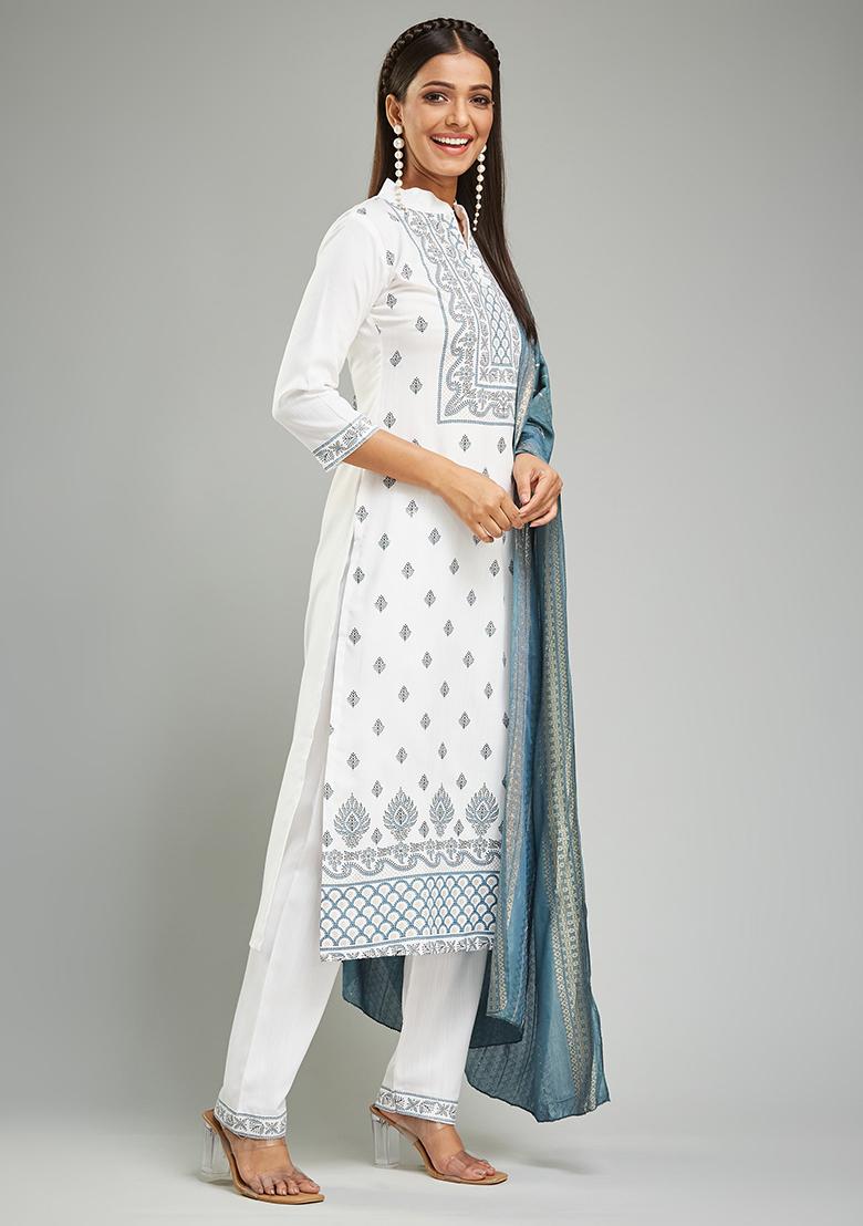 White Printed Rayon Kurta Set