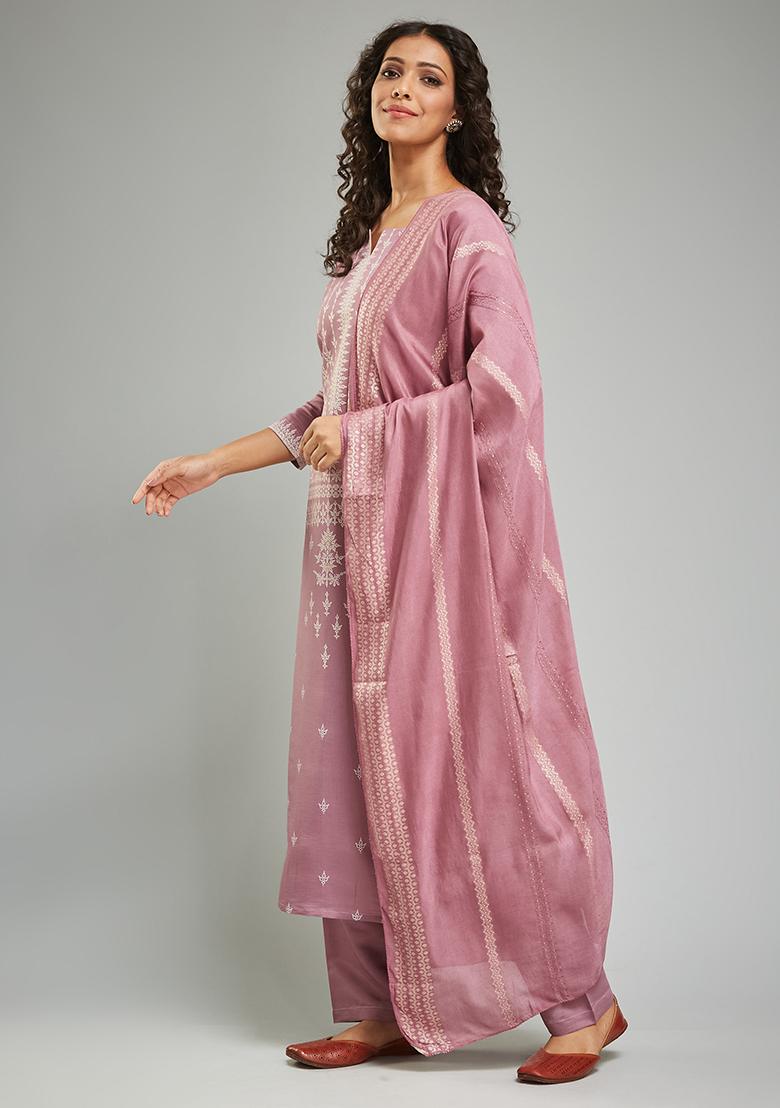Pink Printed Chanderi Kurta Set