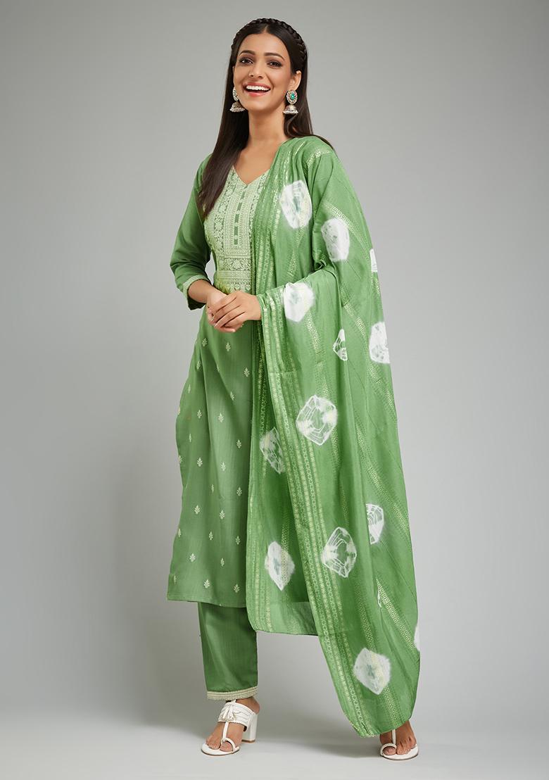 Green Printed Rayon Kurta Set