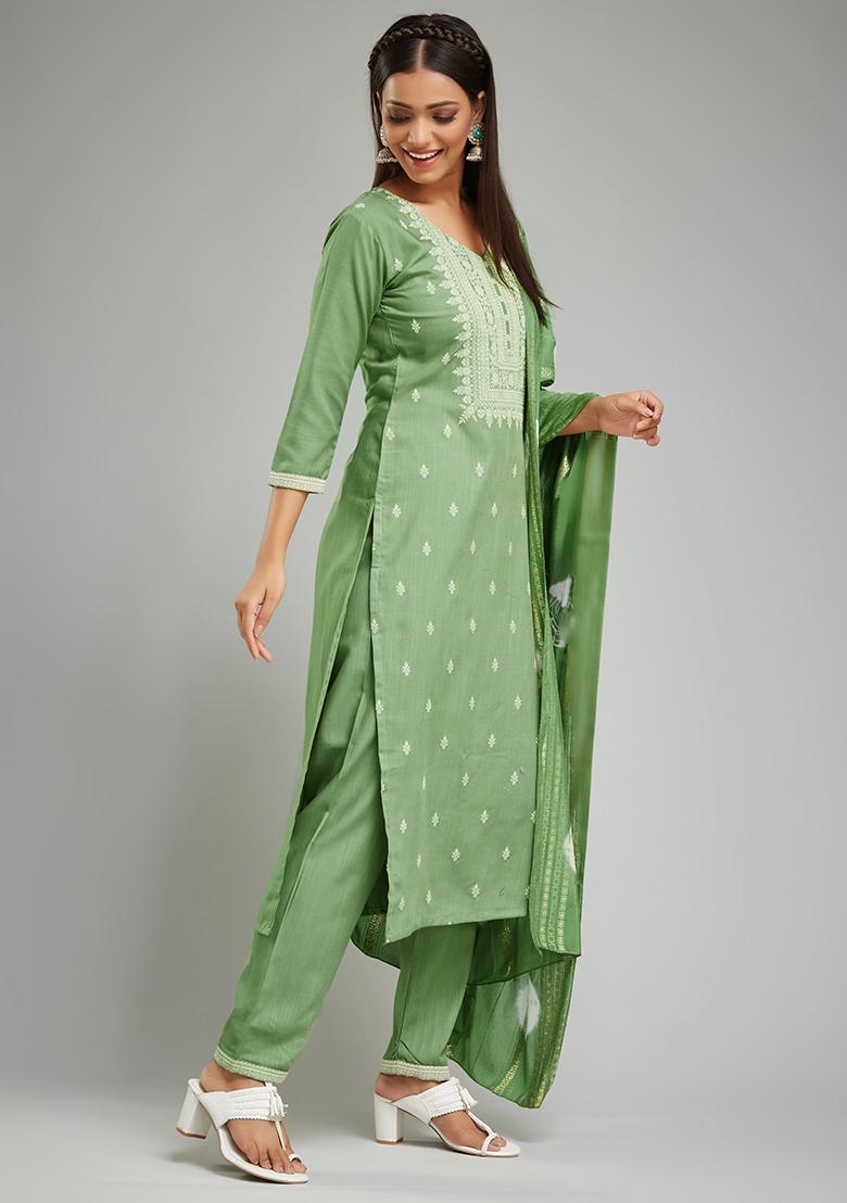 Green Printed Rayon Kurta Set