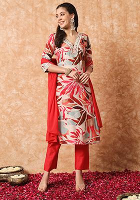 Red Printed Rayon Kurta Set