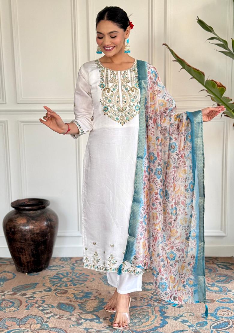 Blue Printed Chanderi Kurta Set