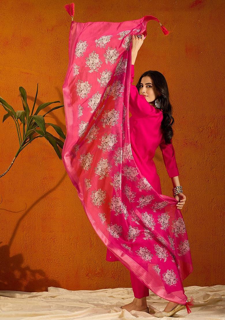Pink Embroidered Viscose Kurta Set