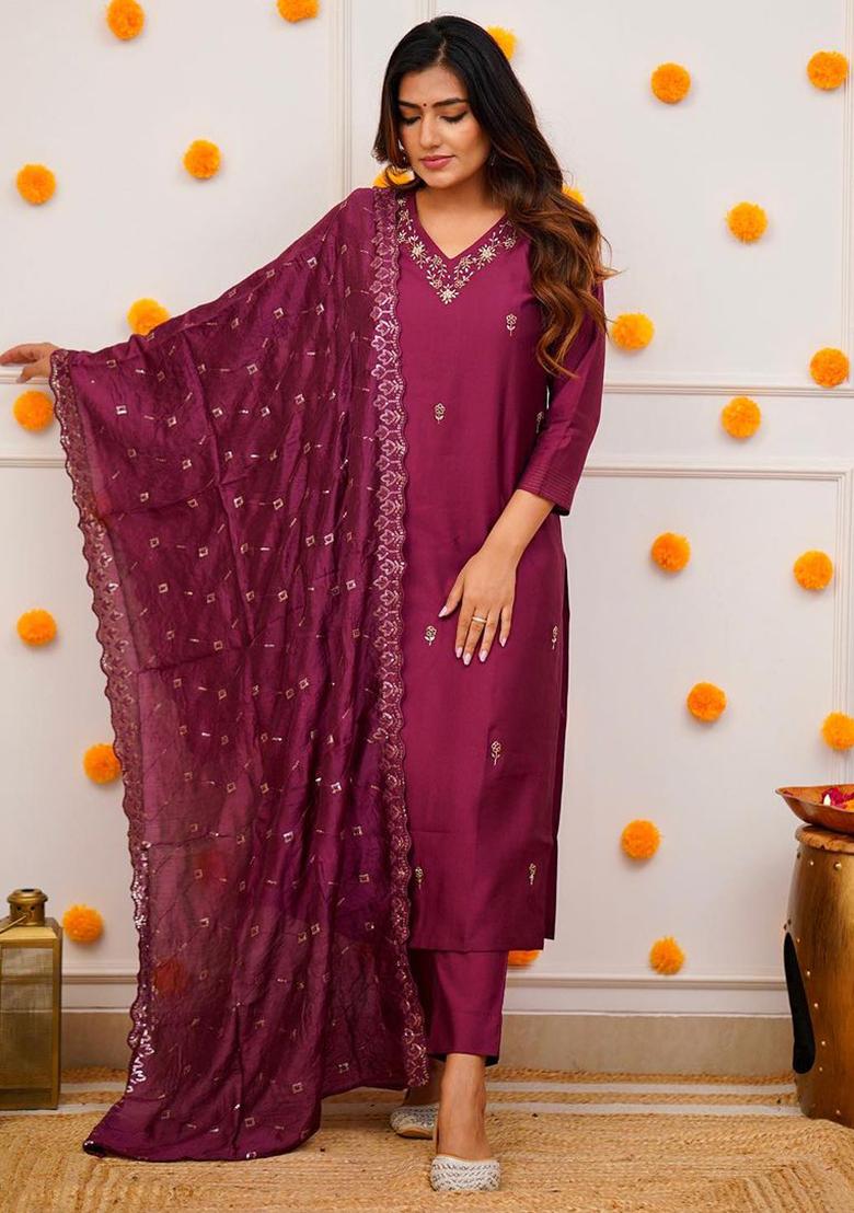 Purple Embroidered Viscose Kurta Set