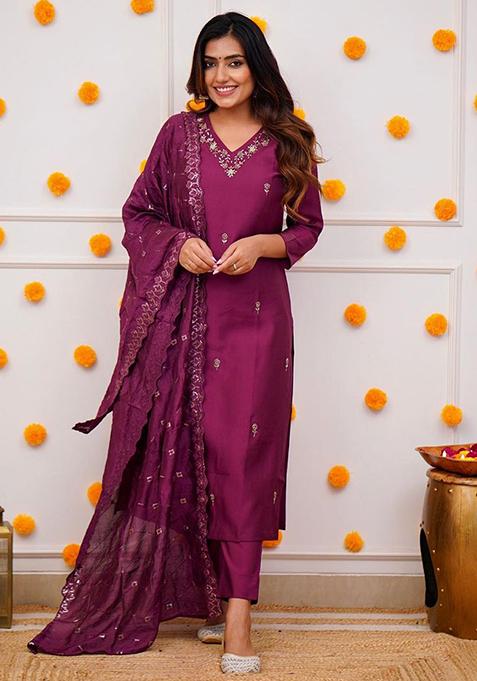Purple Embroidered Viscose Kurta Set