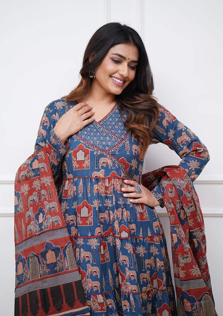 Blue Printed Cotton Kurta Set