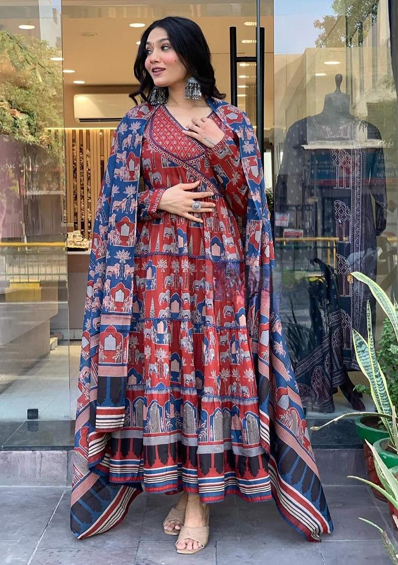 Red Printed Cotton Kurta Set