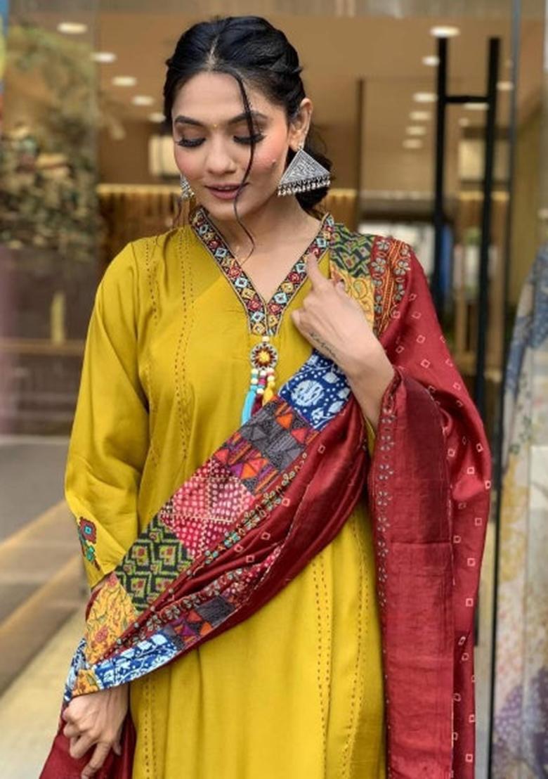 Mustard Embroidered Chanderi Kurta Set