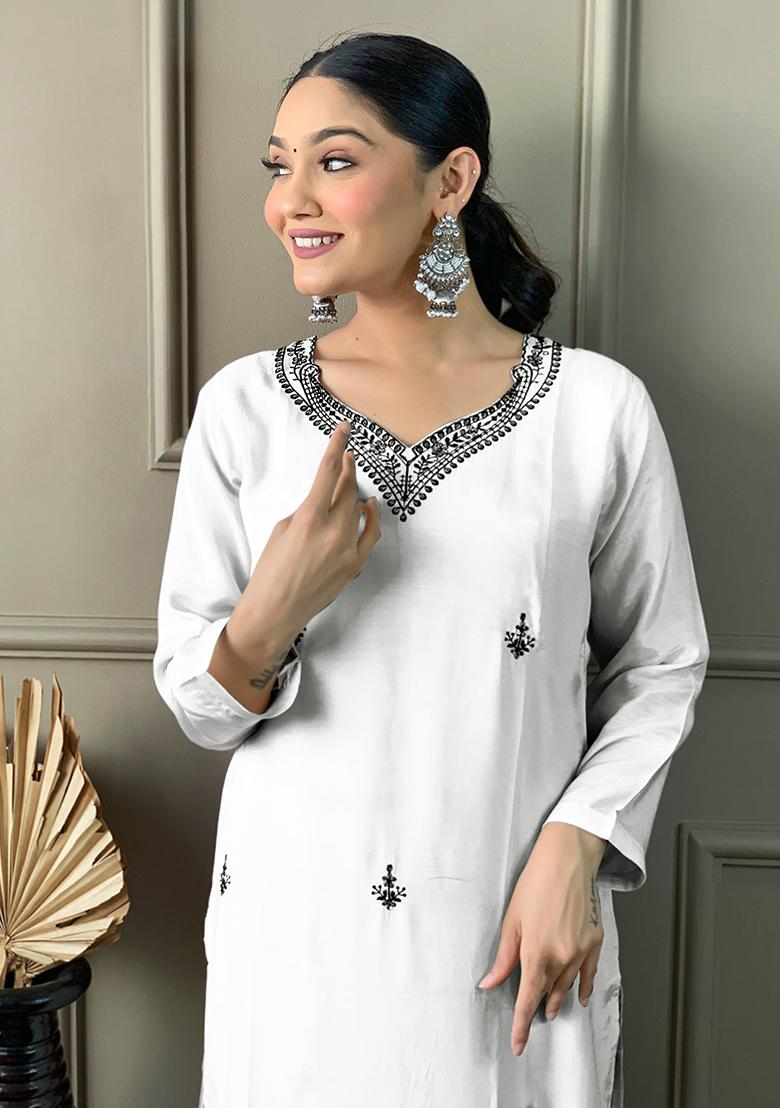 White Embroidered Viscose Kurta Set