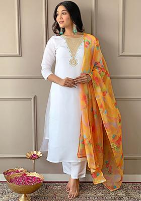 Yellow Embroidered Rayon Kurta Set