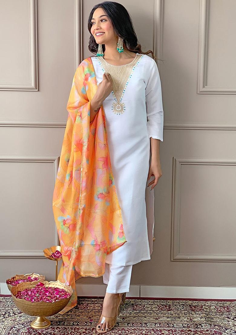Yellow Embroidered Rayon Kurta Set