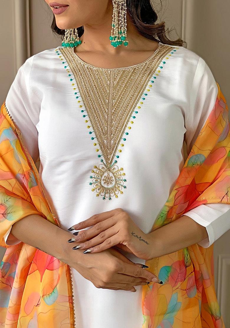 Yellow Embroidered Rayon Kurta Set