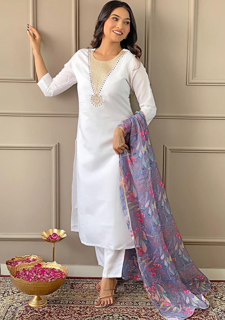 Grey Embroidered Rayon Kurta Set