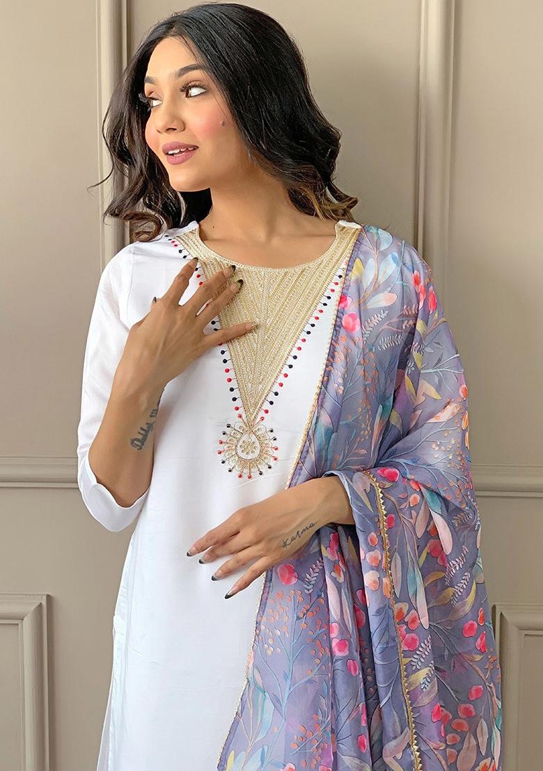 Grey Embroidered Rayon Kurta Set