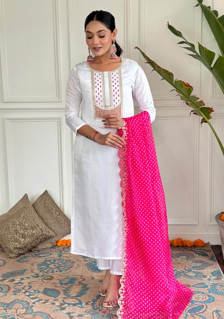 White Embroidered Viscose Kurta Set