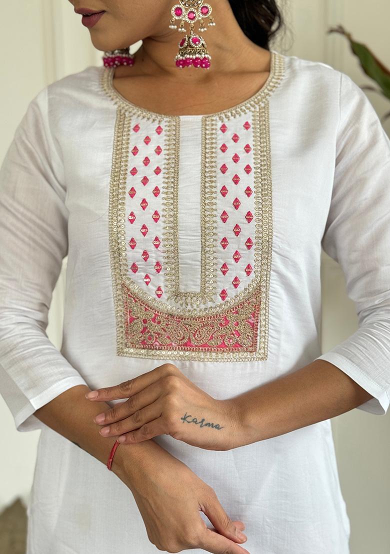 White Embroidered Viscose Kurta Set