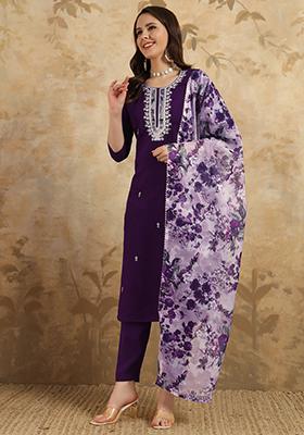 Purple Embroidered Chanderi Kurta Set