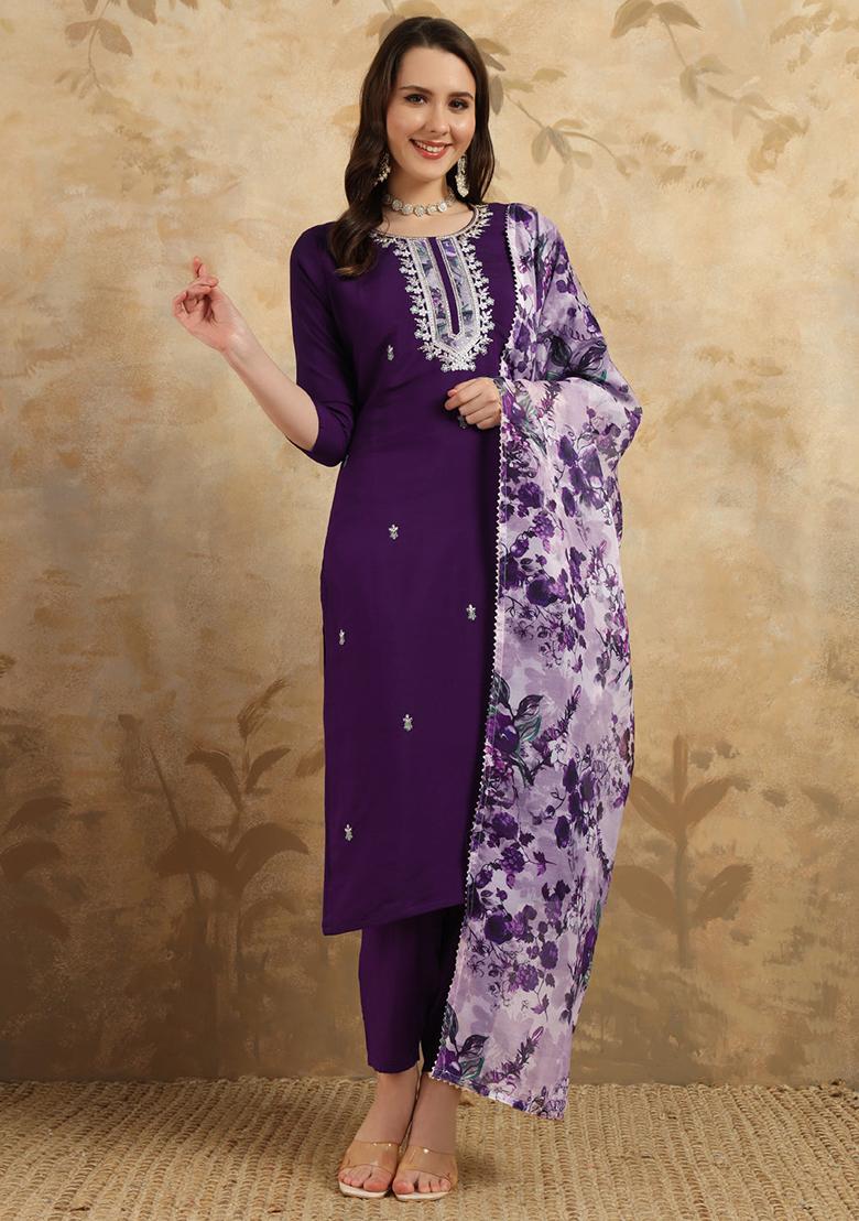 Purple Embroidered Chanderi Kurta Set