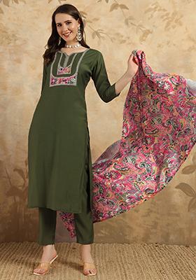Green Embroidered Chanderi Kurta Set