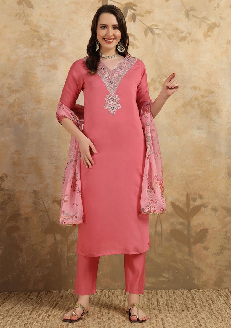 Pink Embroidered Chanderi Kurta Set