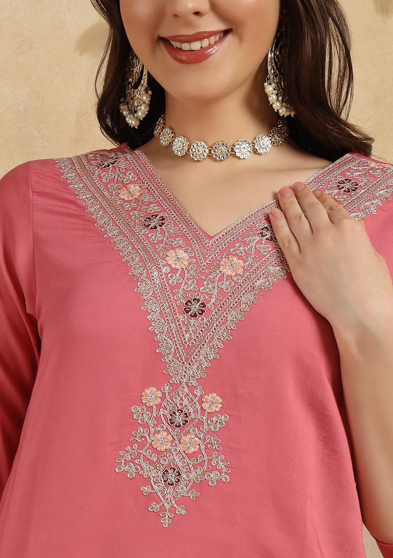 Pink Embroidered Chanderi Kurta Set