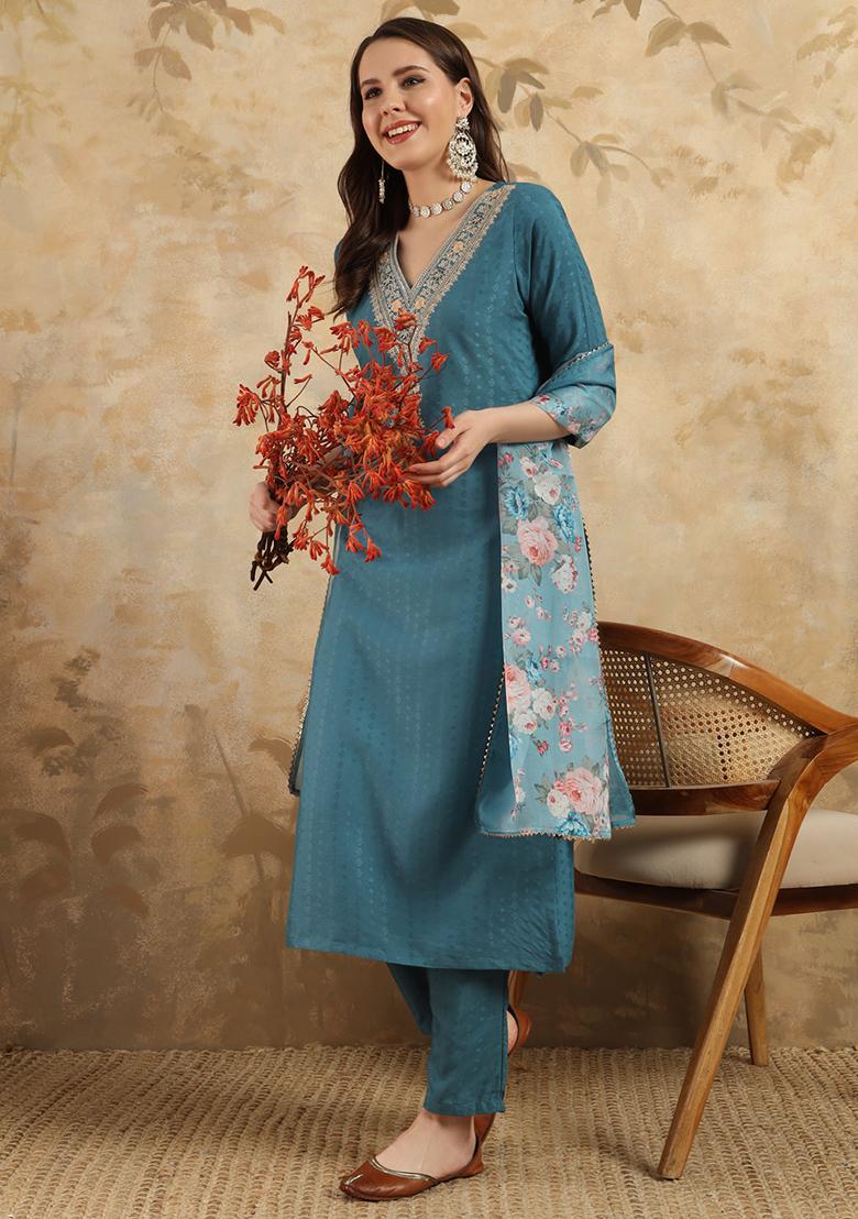 Blue Embroidered Viscose Kurta Set