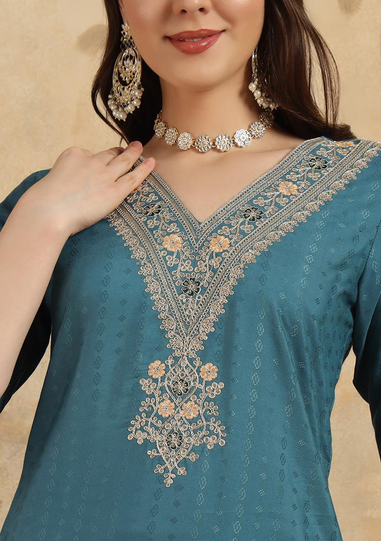 Blue Embroidered Viscose Kurta Set