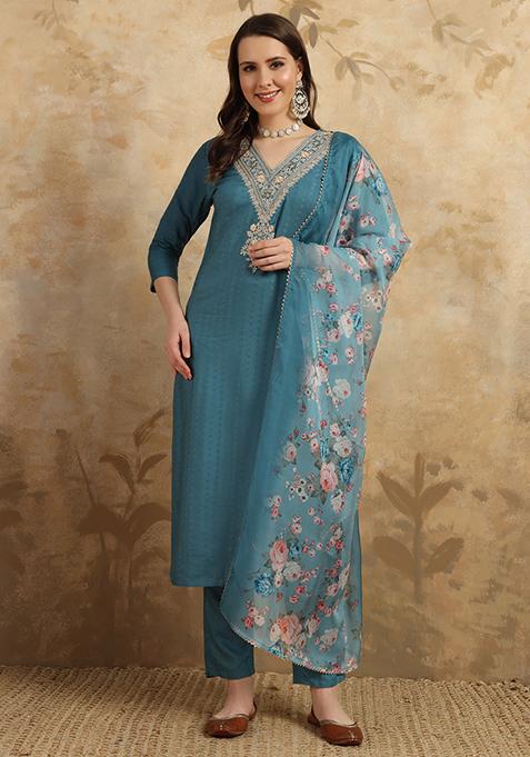 Blue Embroidered Viscose Kurta Set