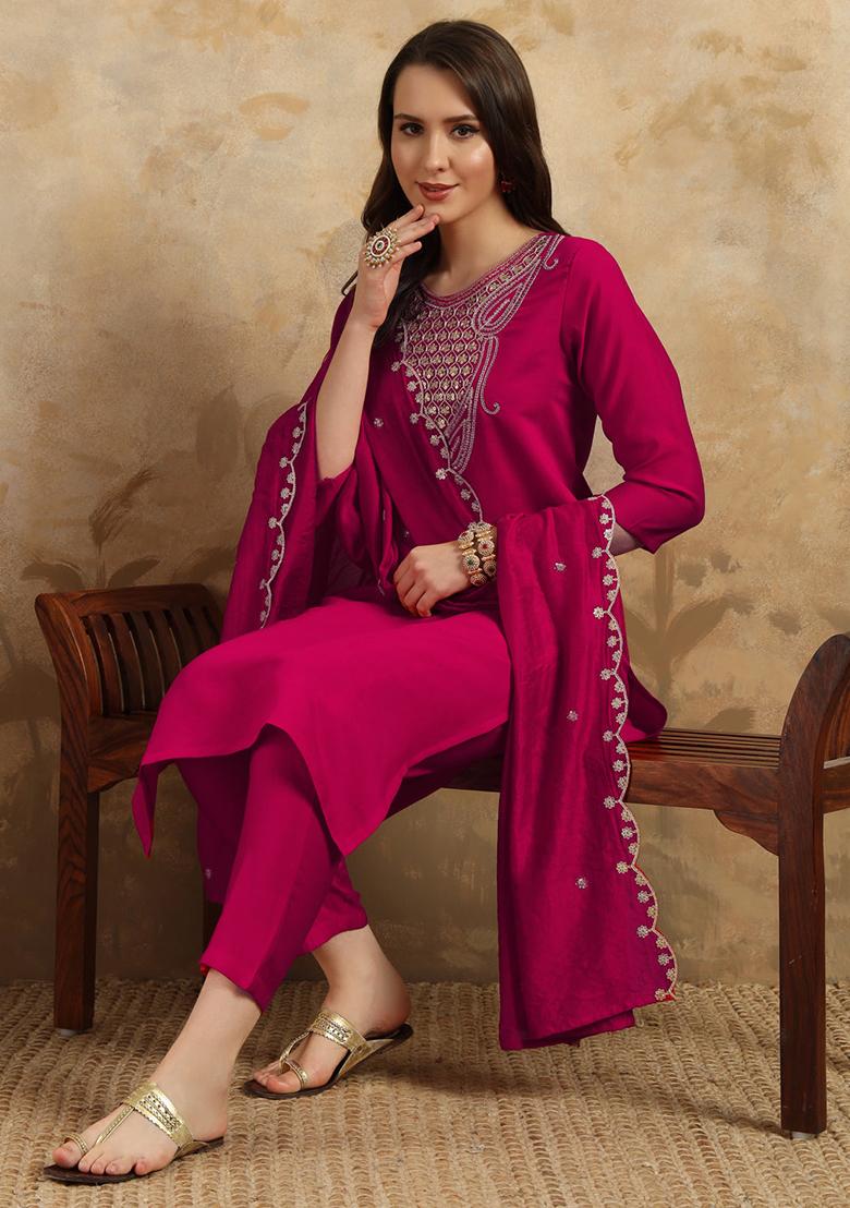 Pink Embroidered Chanderi Kurta Set