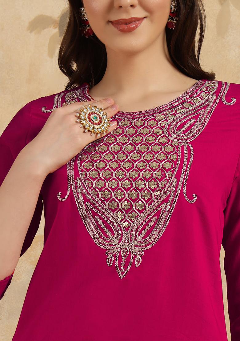 Pink Embroidered Chanderi Kurta Set