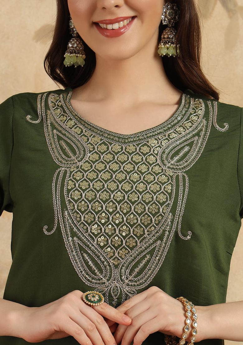 Green Embroidered Chanderi Kurta Set