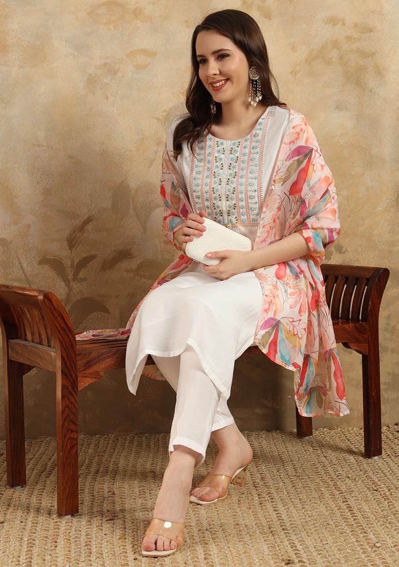 White Embroidered Chanderi Kurta Set