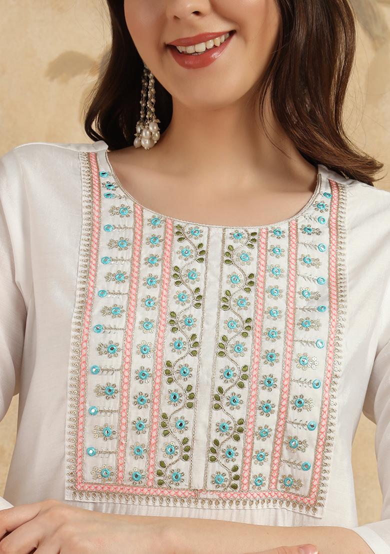 White Embroidered Chanderi Kurta Set