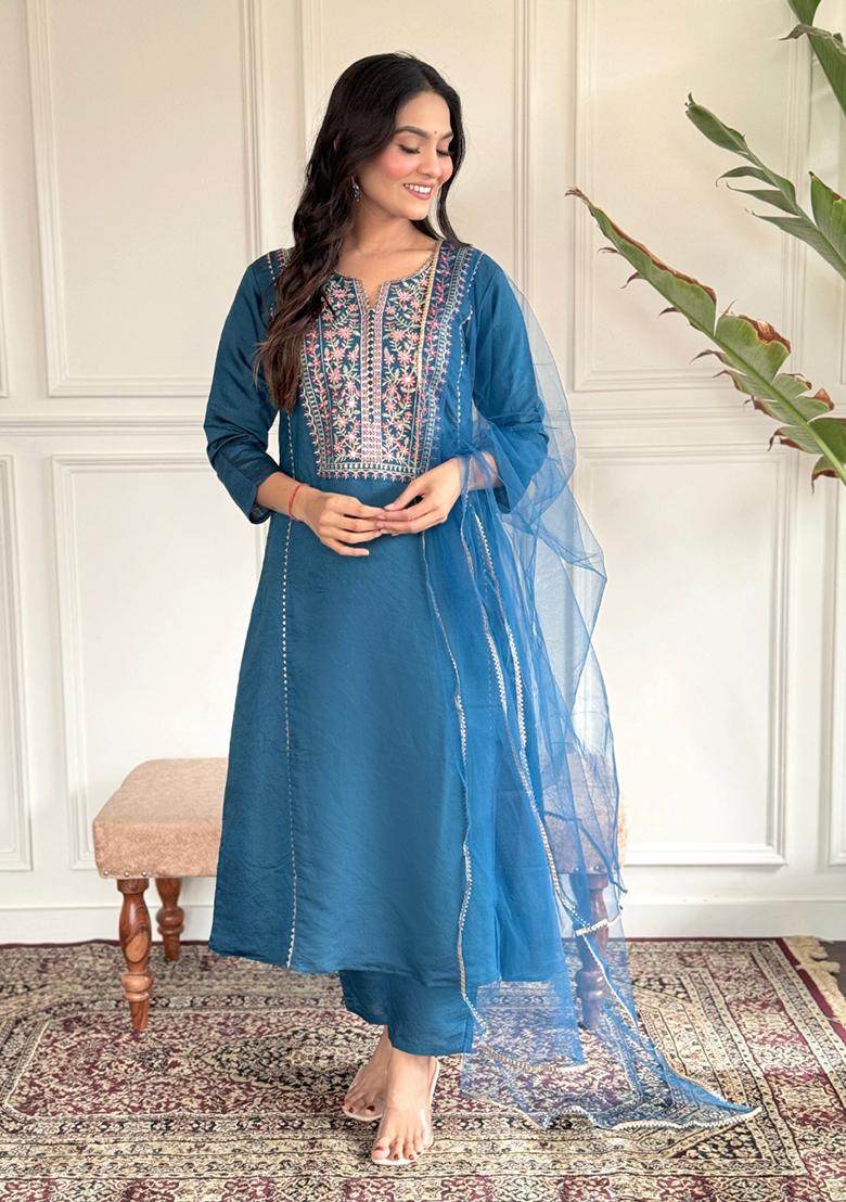 Blue Embroidered Chanderi Kurta Set