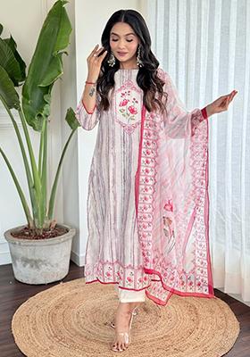Red Embroidered Muslin Kurta Set
