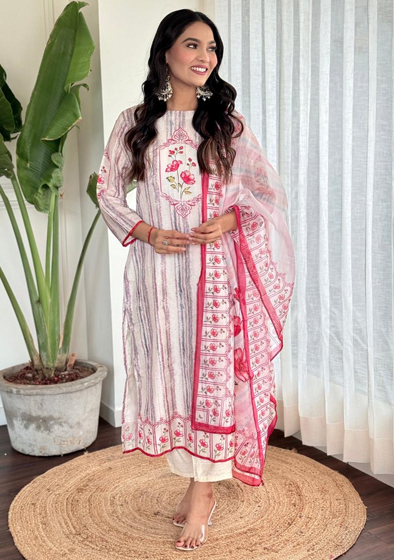 Red Embroidered Muslin Kurta Set