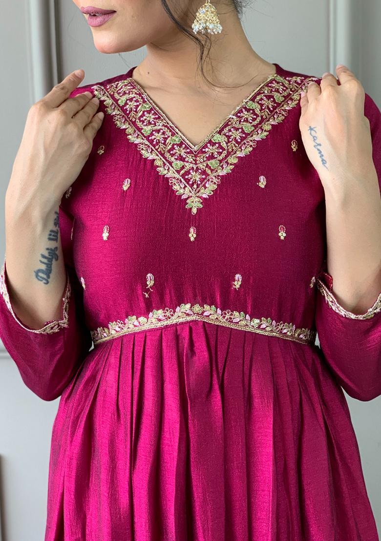 Red Embroidered Vichitra Kurta Set