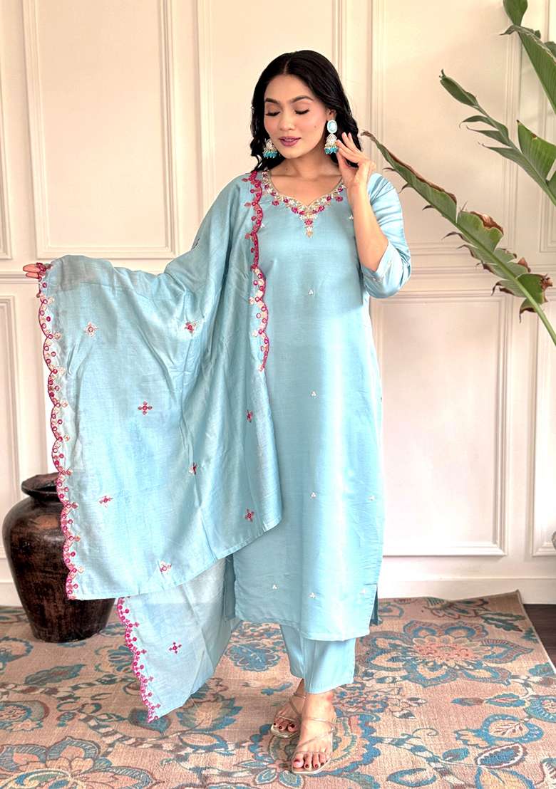 Blue Embroidered Chanderi Kurta Set - Indya