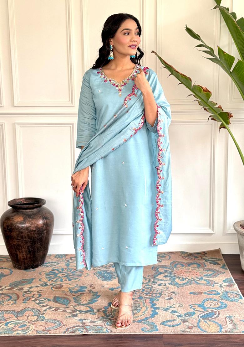 Blue Embroidered Chanderi Kurta Set