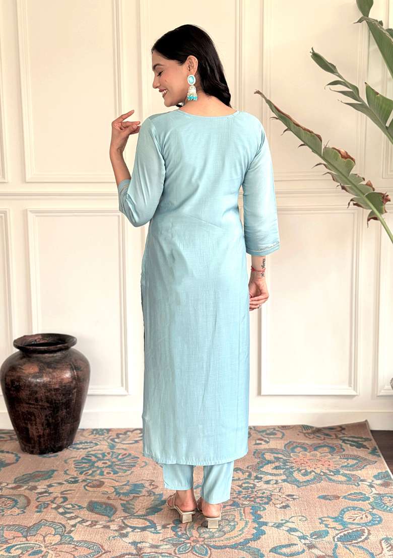 Blue Embroidered Chanderi Kurta Set - Indya
