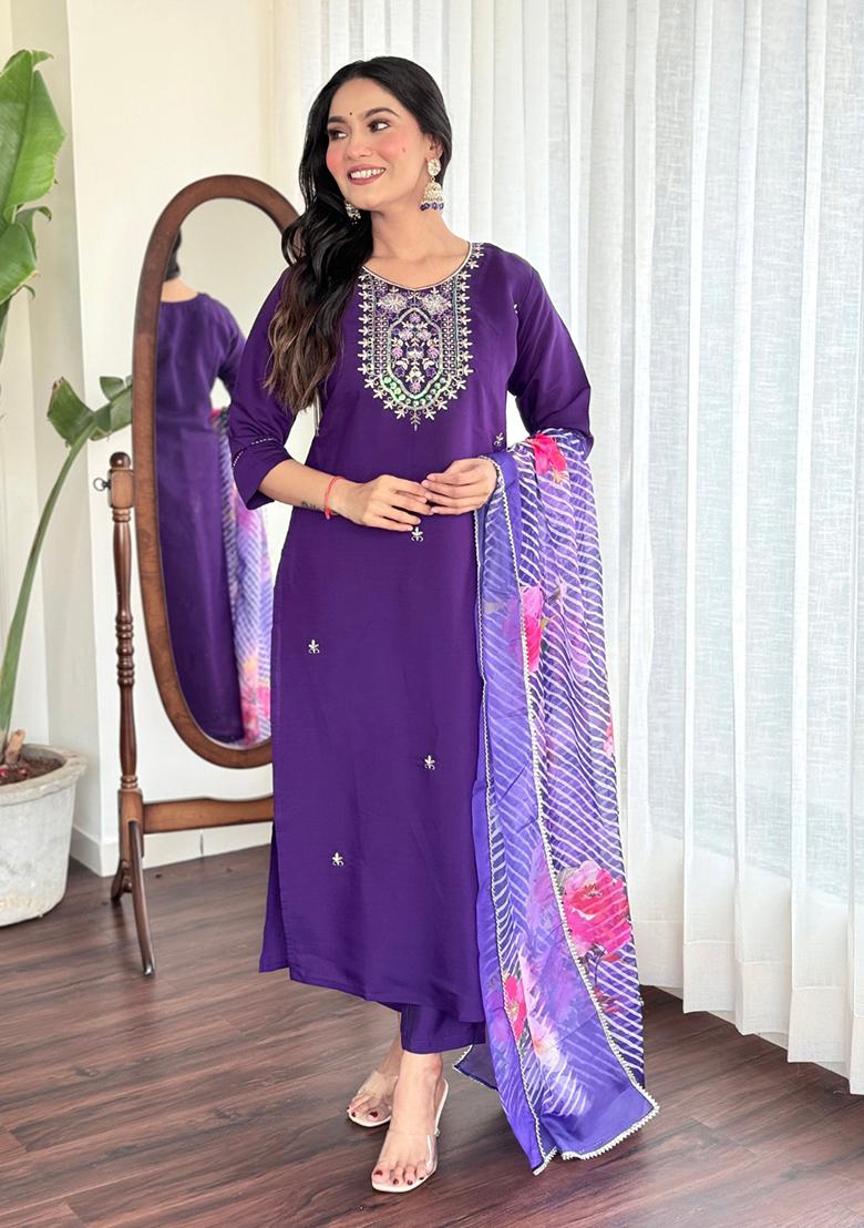 Purple Embroidered Chanderi Kurta Set