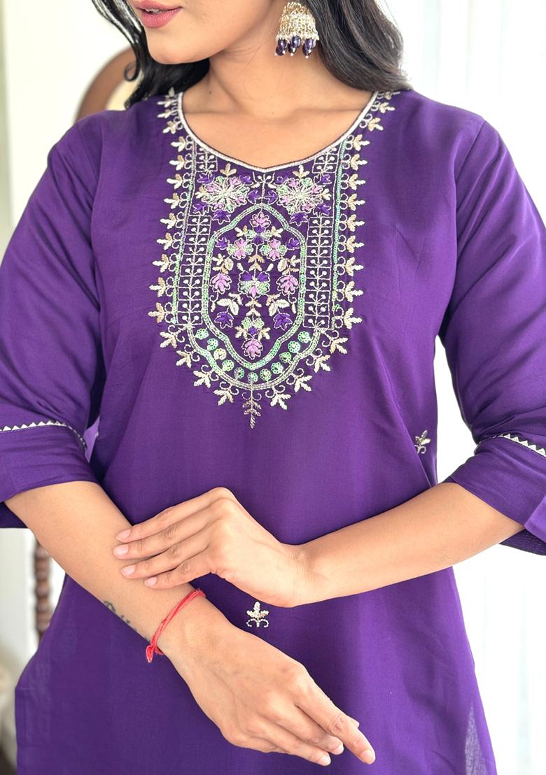 Purple Embroidered Chanderi Kurta Set